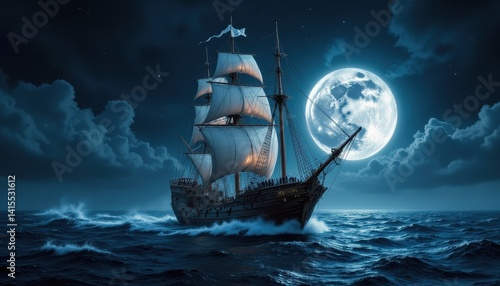 Ship at night under a full moon
