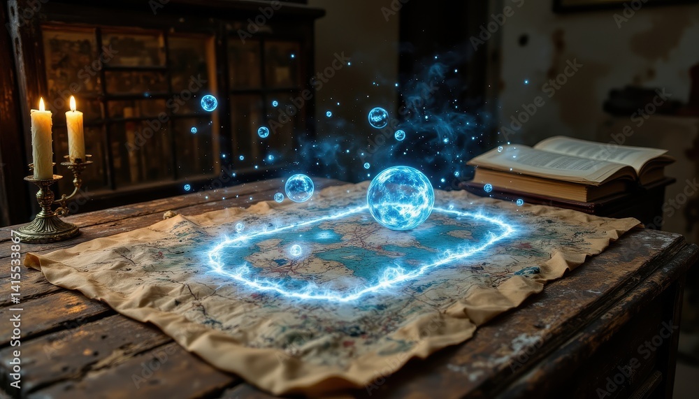 Ancient map with glowing orbs
