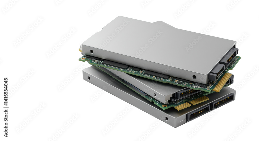 A stack of three silver solid state drives with visible circuit boards and connectors shown here A stack of three silver solid state drives with visible circuit boards and connectors shown here
