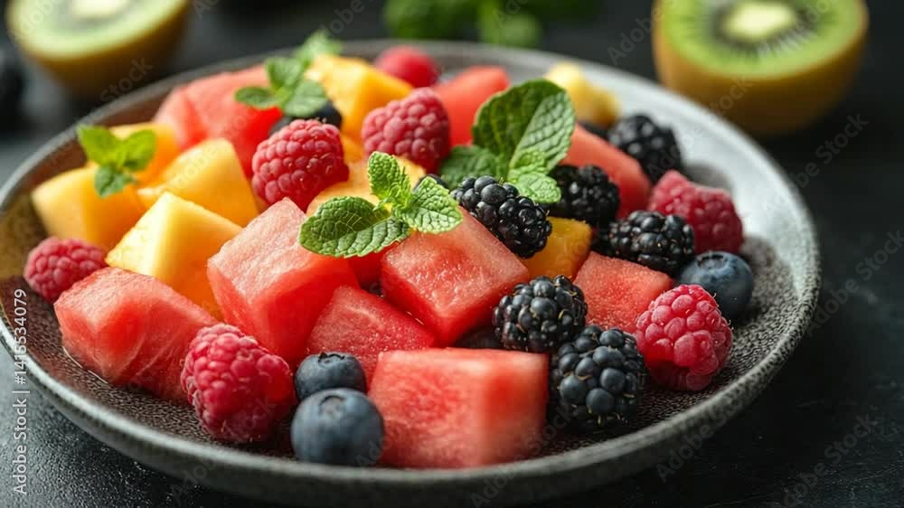 A vibrant fruit salad featuring watermelon, cantaloupe, and various berries, garnished with mint leaves, set against a dark background with additional fruits A vibrant fruit salad featuring watermelon, cantaloupe, and various berries, garnished with mint leaves, set against a dark background with additional fruits