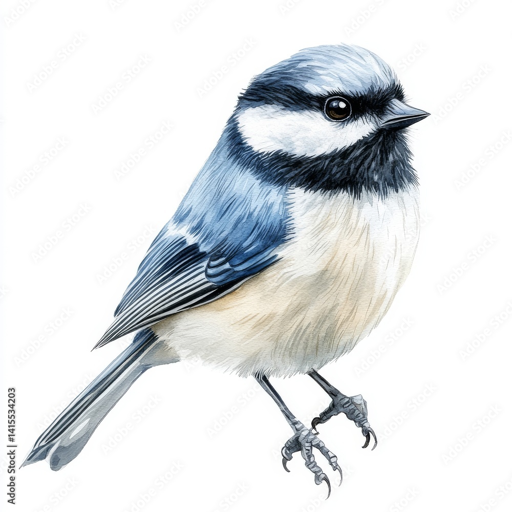 Obraz premium tit bird, beautiful watercolor songbirds black capped chickadees with fluffy feathers isolated on background, clipart becomes ‘tit bird, lovely watercolor songbirds black capped chickadees with