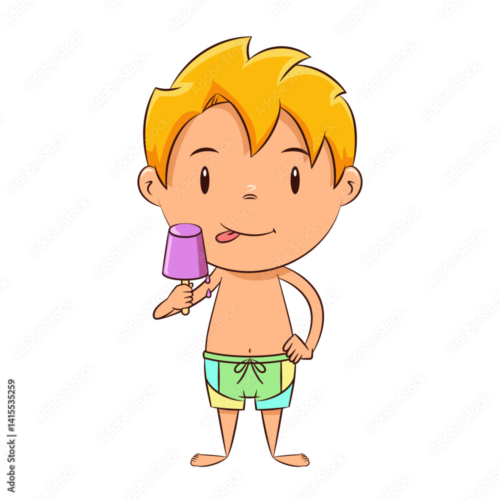 Kid eating flavored ice on a stick, swimwear, summer, drawing Kid eating flavored ice on a stick, swimwear, summer, drawing