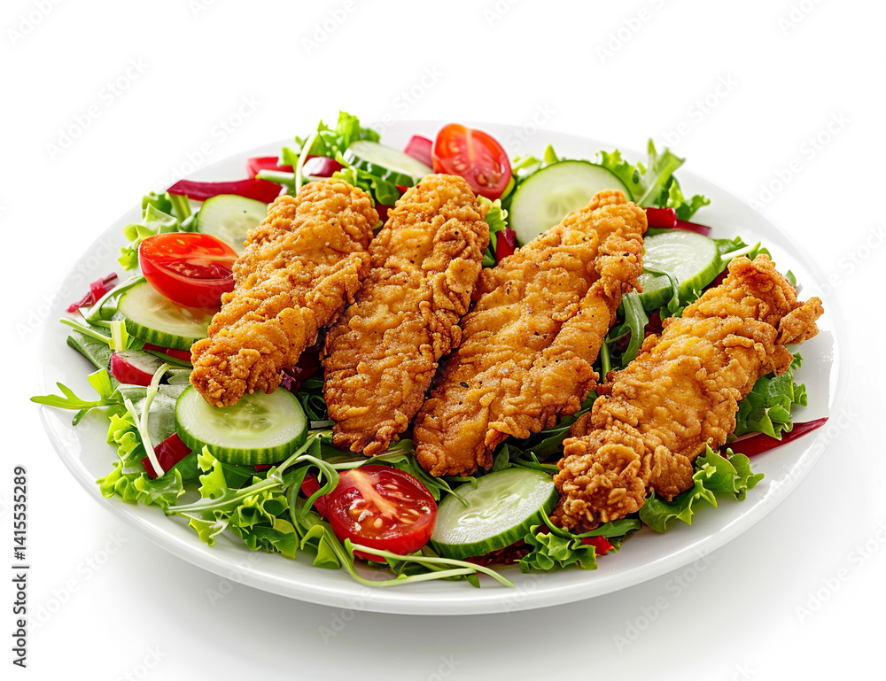 Breaded Chicken Tenders Served Over Crisp Green Salad Breaded Chicken Tenders Served Over Crisp Green Salad