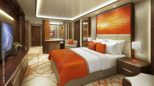 Fototapeta Naklejka Na Ścianę i Meble -  A luxurious cruise ship stateroom featuring an orange accent.