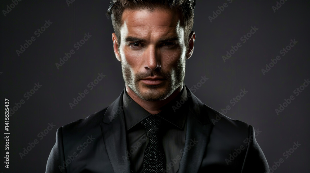 Stylish Man in Black Suit with Dramatic Lighting and Dark Background Stylish Man in Black Suit with Dramatic Lighting and Dark Background