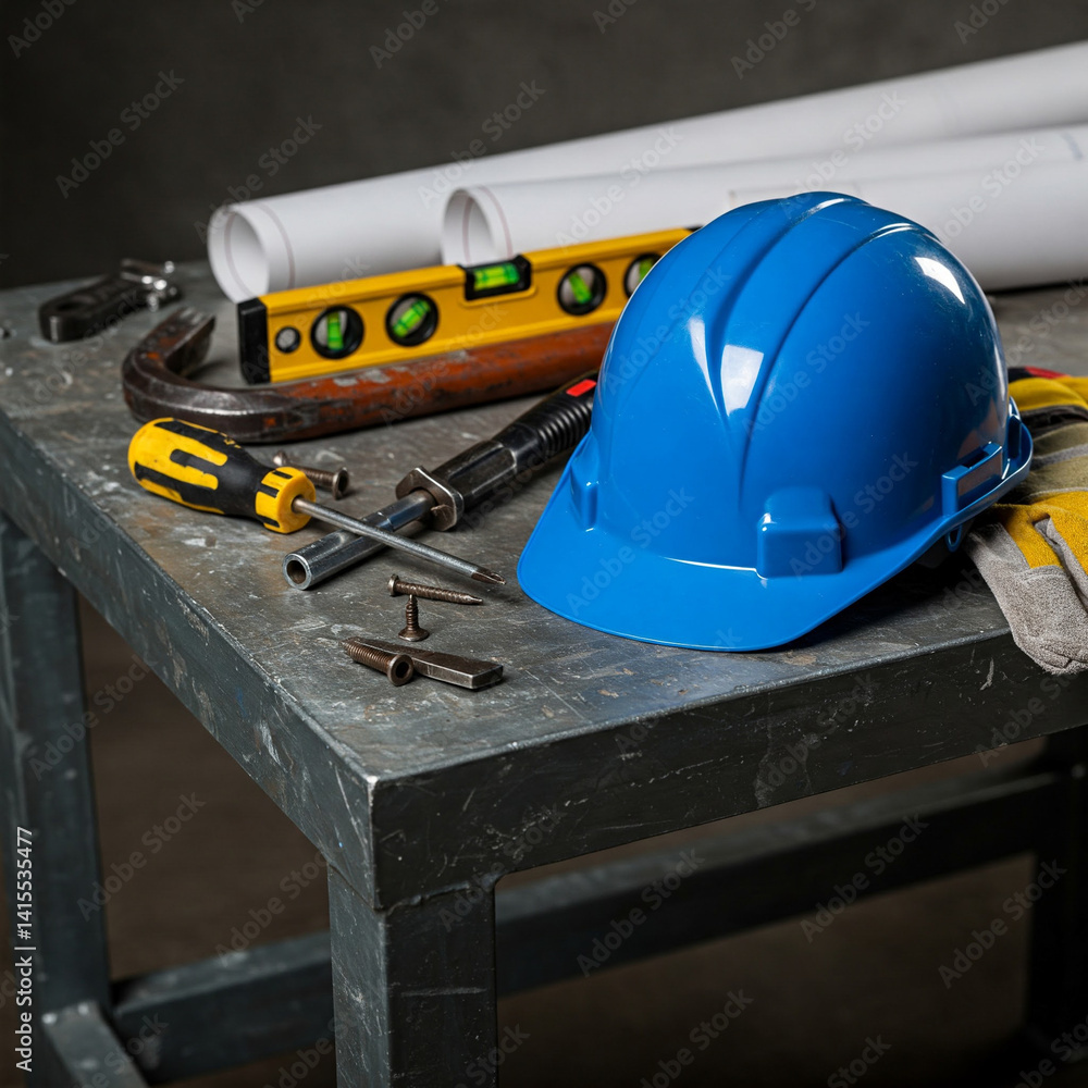 Fototapeta premium Construction tools and blue hard hat resting on a metal surface, representing workplace safety and industrial work.