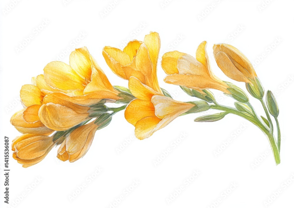 Fototapeta premium The design features yellow spring flowers in a watercolor floral style, including hand-painted acacia and wildflowers, along with freesia botanical blooms