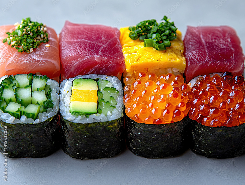 A focused portrayal of gunkan sushi, showcasing its unique shape and ingredients.