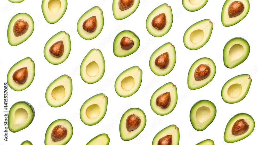 A vibrant pattern of fresh avocado halves, a delightful display of healthy goodness against a clean white background. A vibrant pattern of fresh avocado halves, a delightful display of healthy goodness against a clean white background.