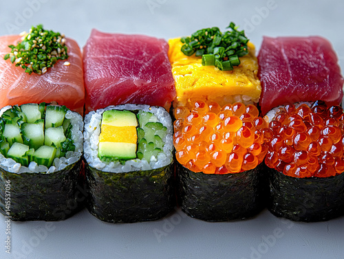 Obraz na płótnie A focused portrayal of gunkan sushi, showcasing its unique shape and ingredients. w salonie