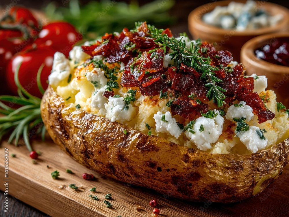 A mouthwatering baked potato topped with melted cheese