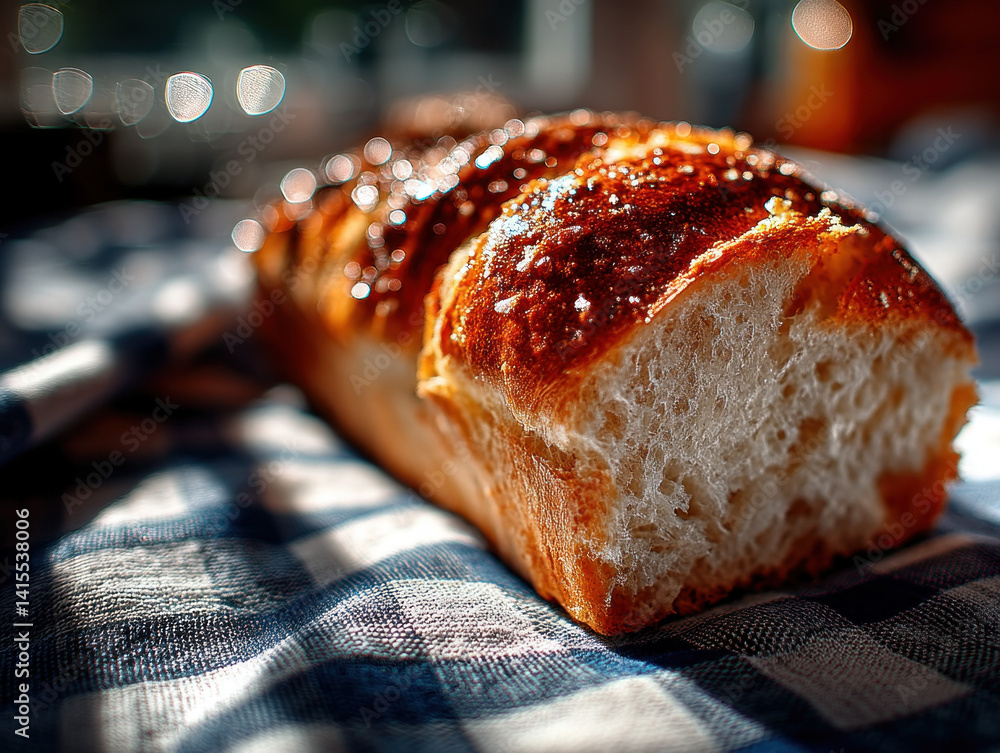A piece of dry bread on a rustic tablecloth