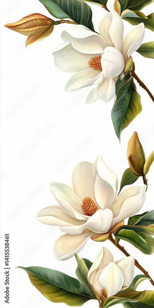 Fototapeta premium Vibrant Magnolia Frame: Lush Floral Decoration in a Festive White Background