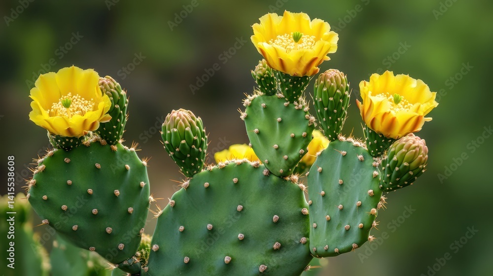 Vibrant Nopal Cactus Blooming with Bright Yellow Flowers in a Lush Desert Landscape Vibrant Nopal Cactus Blooming with Bright Yellow Flowers in a Lush Desert Landscape
