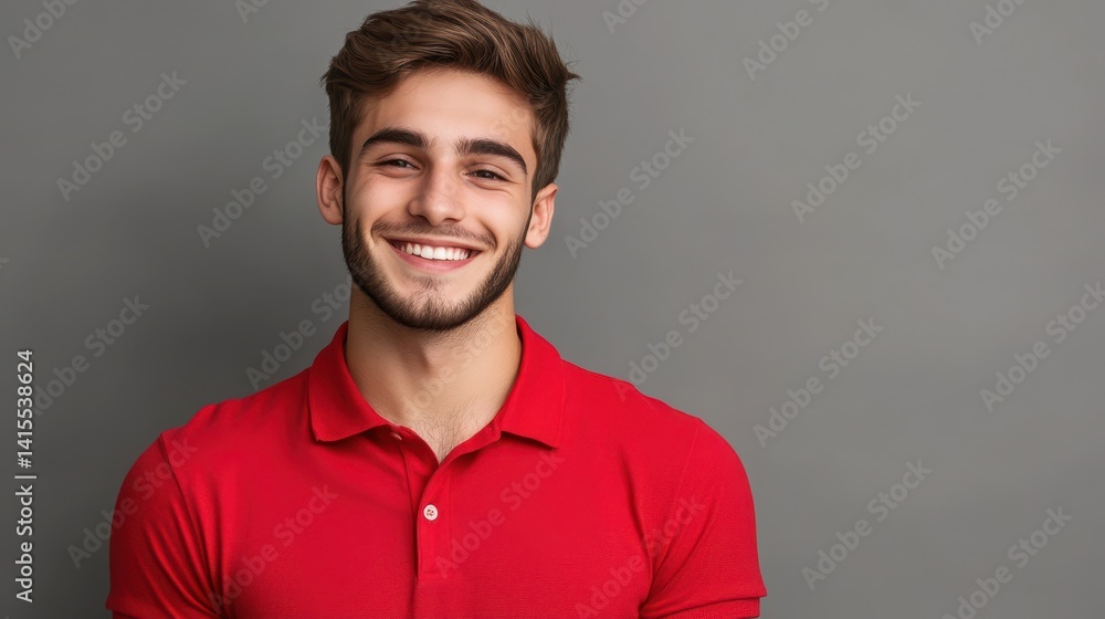 Fototapeta premium Portrait of a Smiling Young Man in a Red Polo Shirt Against a Blank Background