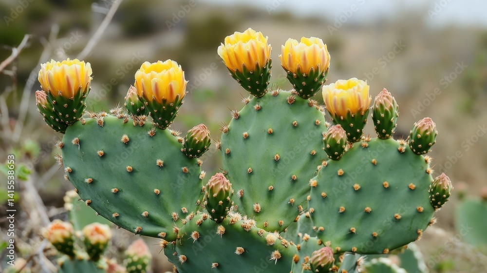 Vibrant Nopal Cactus Adorned with Bright Yellow Blooms in a Lush Desert Setting Vibrant Nopal Cactus Adorned with Bright Yellow Blooms in a Lush Desert Setting