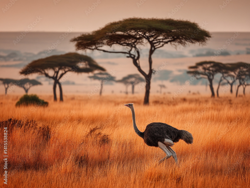 A silhouette of an ostrich running across the savannah