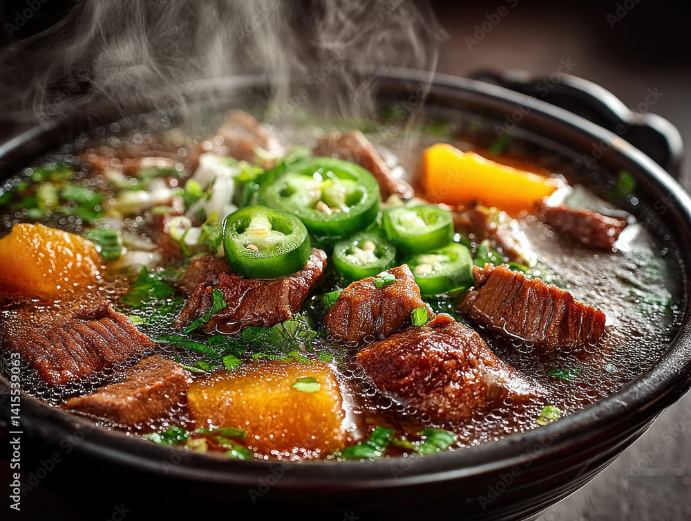 A steaming bowl of savory beef soup, rich in flavor and aroma