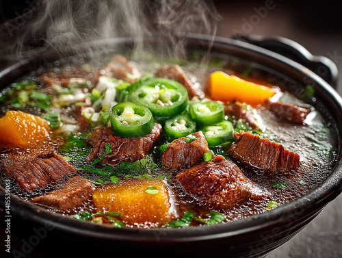 Obraz na płótnie A steaming bowl of savory beef soup, rich in flavor and aroma w salonie
