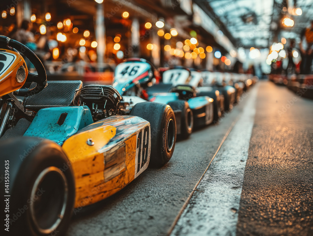 A vibrant scene of indoor go-karting with racers on track