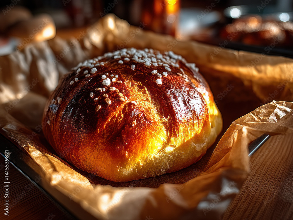 A warm loaf of bread just out of the oven, invitingly fragrant
