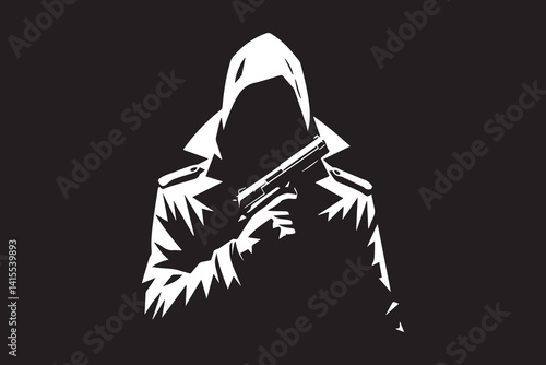 Minimalist mysterious guy holding a gun vector silhouette.