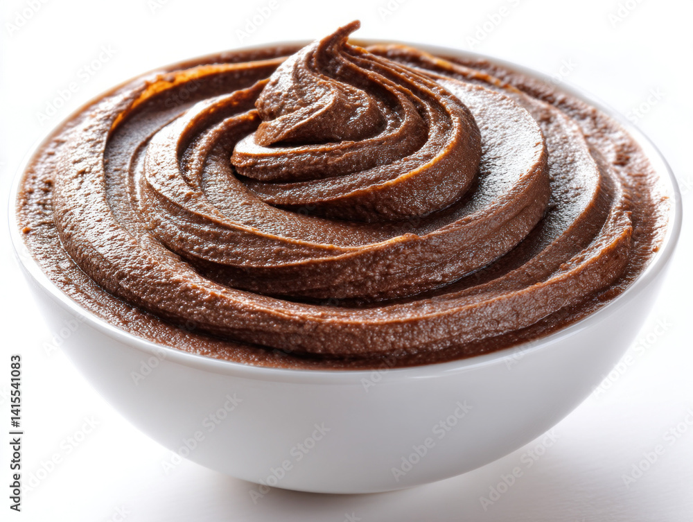An isolated image of rich chocolate pudding in a bowl