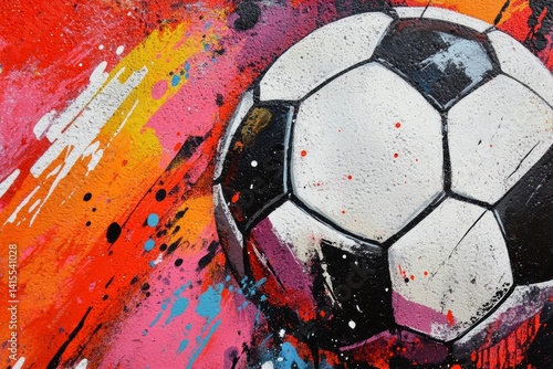 A vibrant soccer ball splashed with paint against a colorful abstract background, capturing energy and motion
