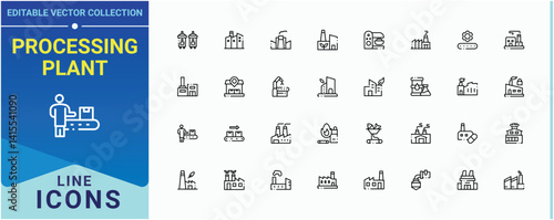 Processing Plant linear icon collection. Containing industrial, industry, manufacturing, machine, machinery, conveyor and more. Factory line icon set. Minimal icons set. Art and illustration.