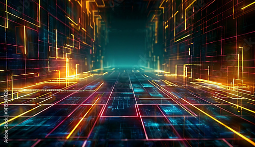 Futuristic Digital Pathway with Orange and Pink Neon Glow