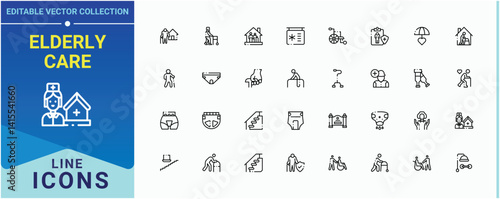 Set of Senior Care line icon. Contains such icons as age, retirement, old, older, grandparent and more. Elderly Care icon set. Perfect for logos and infographic. Editable vector.