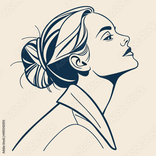 minimalist line drawing, profile portrait, elegant woman, updo hairstyle