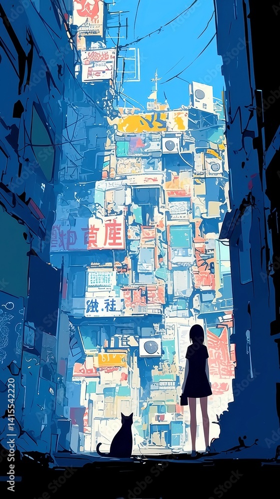 Fototapeta premium Graffiti Alley Encounter, an urban scene featuring vibrant graffiti, broken neon signs, a black cat in shadows, bold outlines, solid colors, and a cool neon-lit palette.