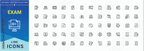 Exam icon set in linear style. Related to education, question, questionnaire, result, assessment, test. Minimal icons set. Questionnaire icon. Pictogram and infographic.