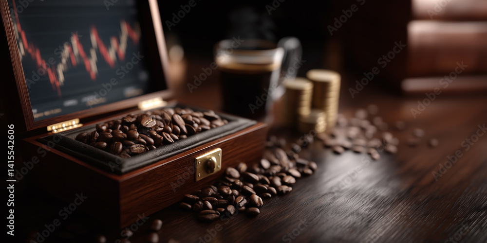 Luxury coffee beans in a wooden box are displayed beside a trading chart and coins, symbolizing rising commodity prices. Luxury coffee beans in a wooden box are displayed beside a trading chart and coins, symbolizing rising commodity prices.