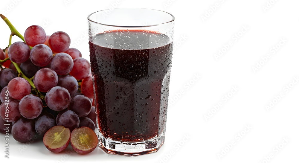 A glass of refreshing grape juice next to a bunch of vibrant red, juicy grapes. A glass of refreshing grape juice next to a bunch of vibrant red, juicy grapes.