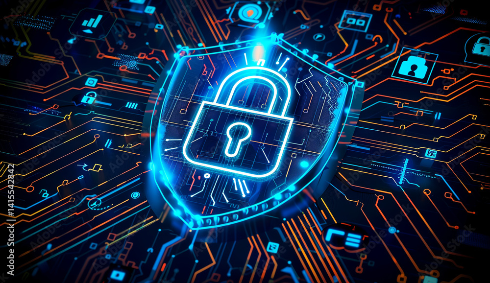 Fototapeta premium Glowing Cybersecurity Padlock with Circuit Background and Radial Light Lines