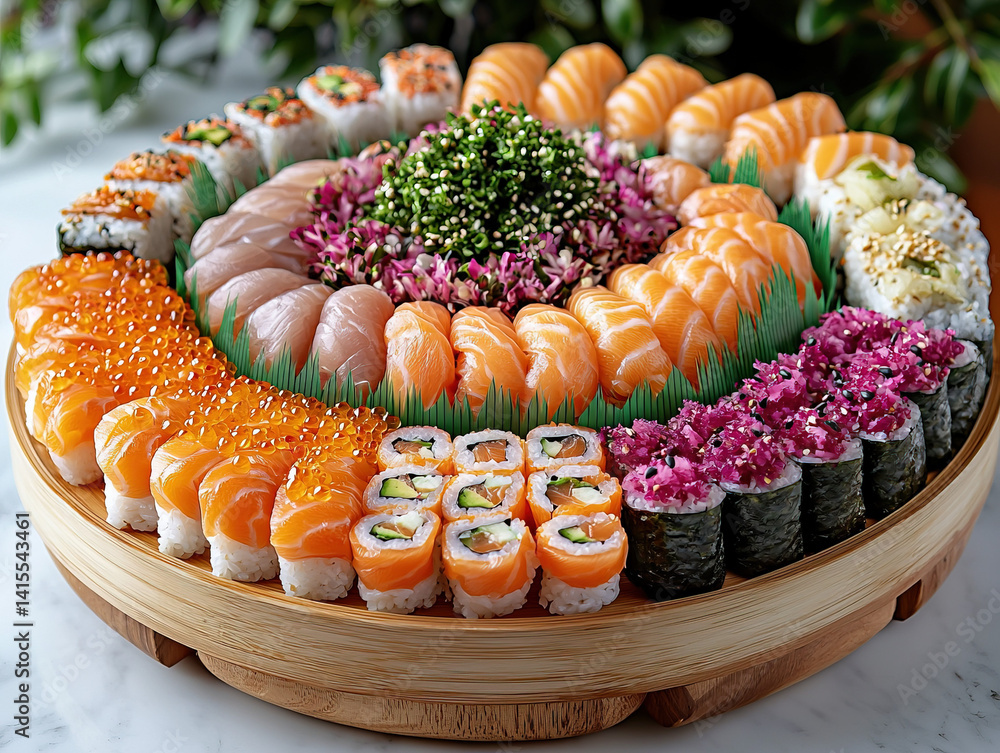 Sushi Catering: An artistic representation of a sushi catering setup, showcasing varieties and arrangements for events.
