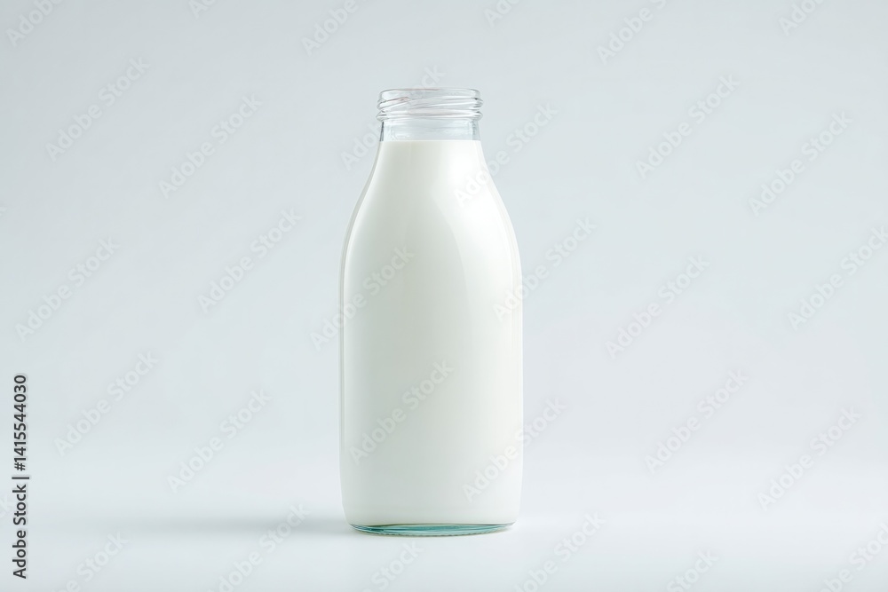 minimalistic image of single glass milk bottle on plain white background minimalistic image of single glass milk bottle on plain white background