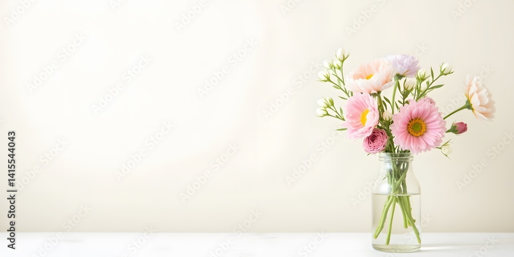 Fototapeta premium Pastel Flower Bouquet in Glass Vase: A delicate bouquet of pastel-colored flowers, including pink and peach blossoms, arranged in a simple glass vase on a white surface.