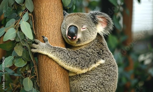 A peaceful koala resting against a eucalyptus tree in a serene natural setting