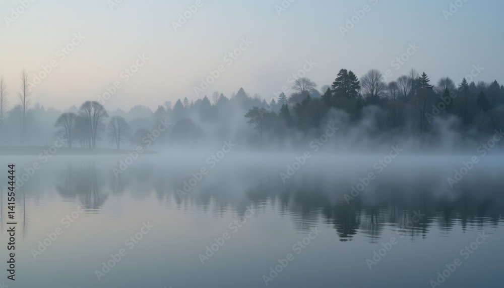 Fototapeta premium Calm morning reflection on a misty lake serene nature scene tranquil environment peaceful viewpoint landscape photography