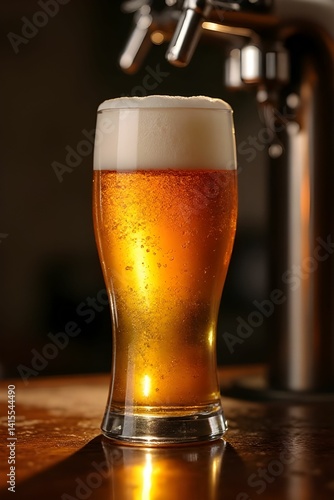 Glass of beer with blurred draft beer dispenser background. Beer tap in bar. Beer mug. Refreshment and party concept. Alcohol beverage menu