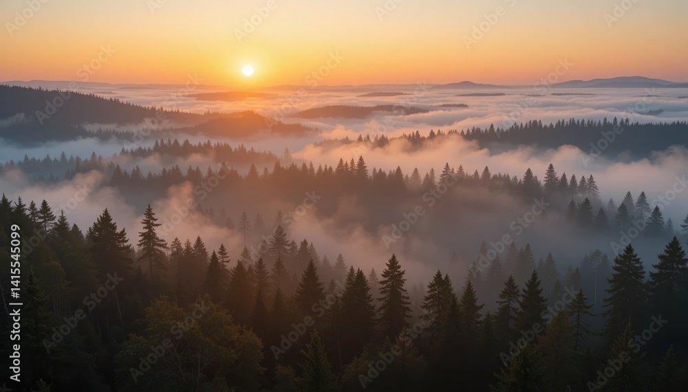 Fototapeta premium Captivating sunrise over misty forest landscape mountainous region nature photography serene environment aerial view tranquility and beauty