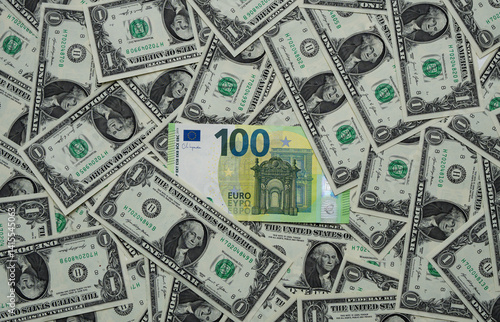 Obraz na płótnie Money dollars vs euro. Saving finance in currency USD or euro. Dollars vs euro. Saving money background. One dollar and 100 euro for savings. Best value concept. Investment, banking and success. w salonie