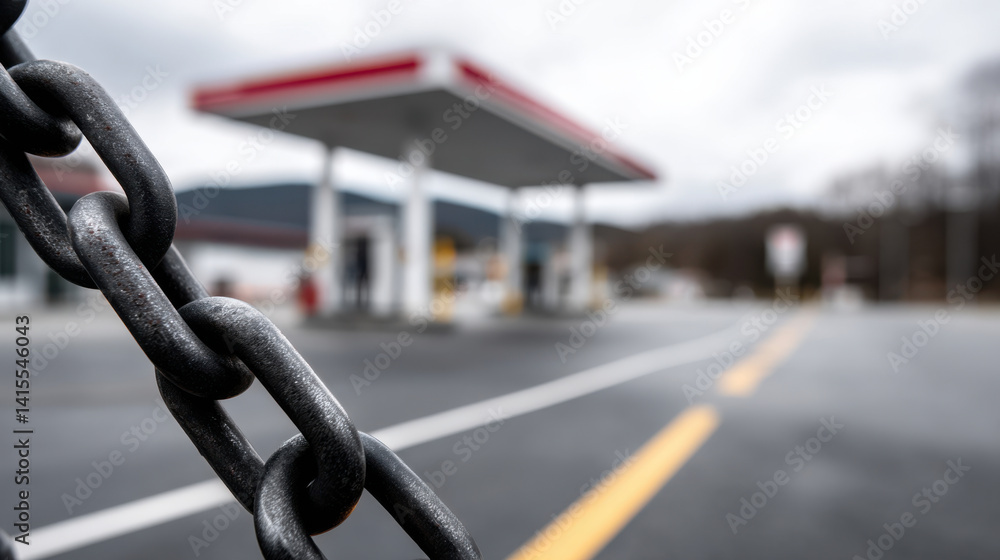 Naklejka premium Closed gas station with focus on chain, empty and desolate atmosphere