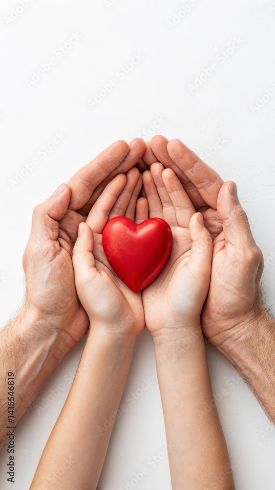 Fototapeta premium Adult and child hands holding a red heart together on a white background. Concept of family bond and love