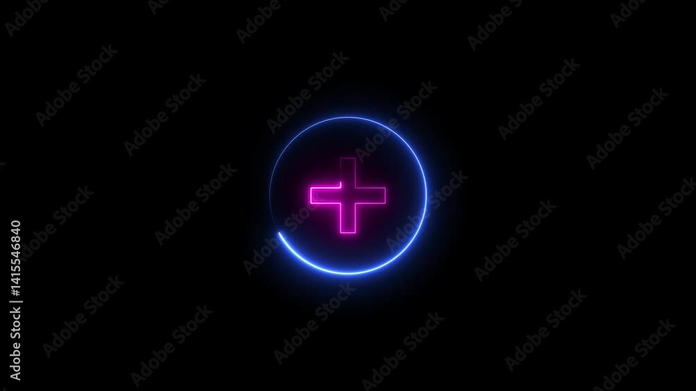 Glowing neon plus icon animation. Business counting add sign concept background. Glowing neon plus icon animation. Business counting add sign concept background.