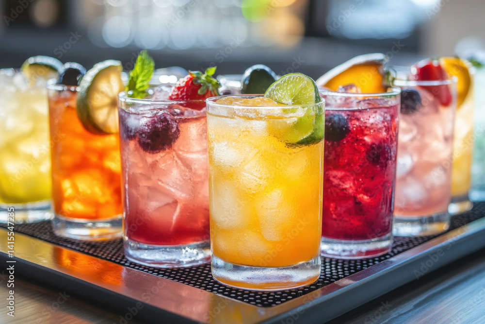 Tray with colorful cocktails, garnished with fruit slices, set on a beach bar counter overlooking the ocean. Tray with colorful cocktails, garnished with fruit slices, set on a beach bar counter overlooking the ocean.