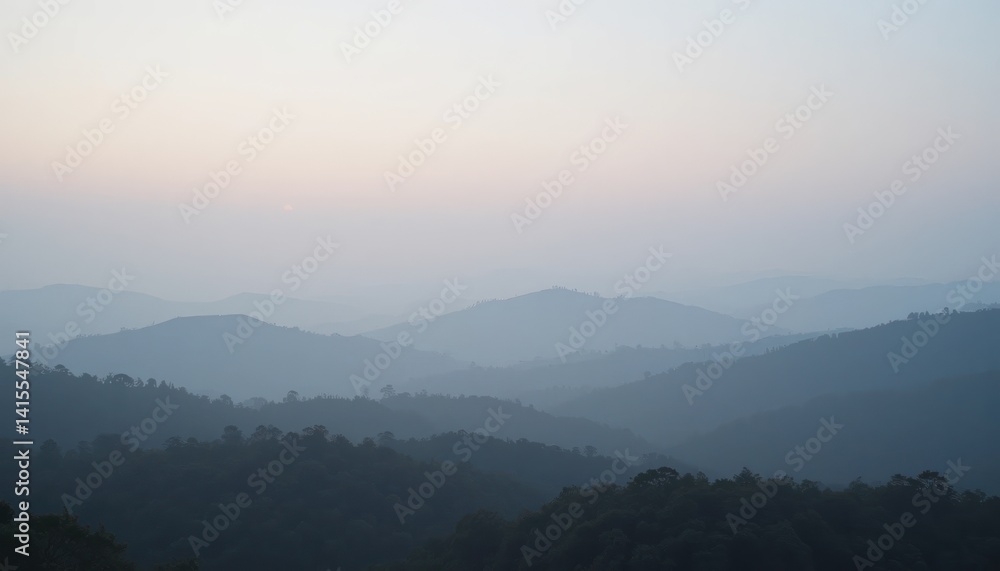 Fototapeta premium Serene sunrise over rolling hills nature landscape early morning peaceful environment wide angle view tranquility and beauty